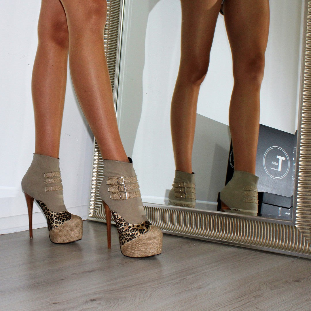 Beige Leopard High Heel Platform Ankle Boots - Tajna Club