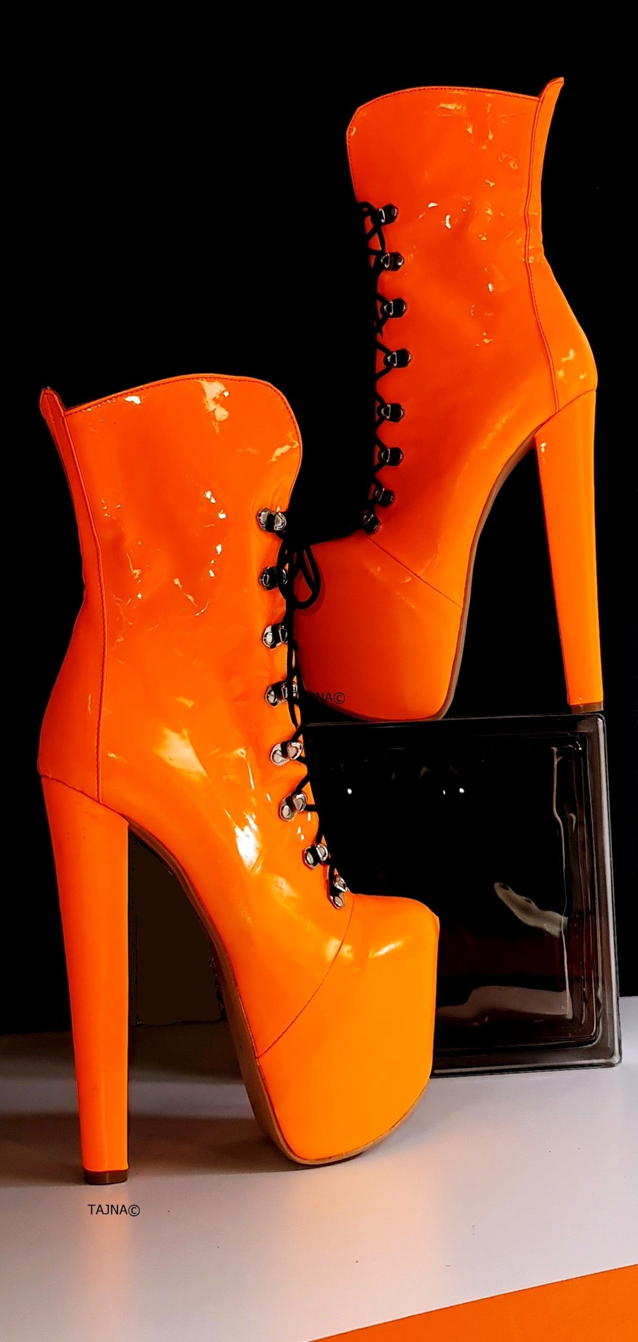 Orange Patent Military Style Lace Up Boots