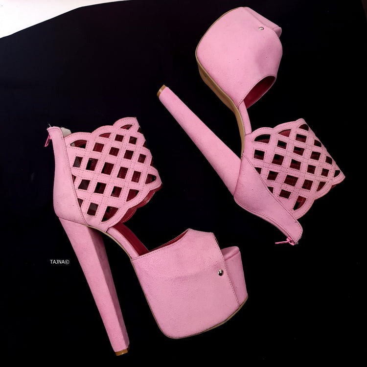 Ankle Cut Lazer Detail Pink Suede Chunky High Heels