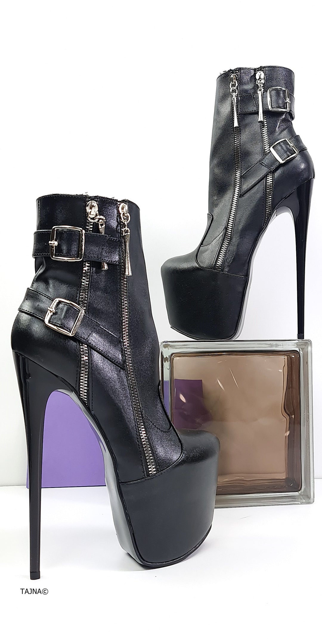Black Matte Double Zip Belted Rocker High Heel Boots Tajna club Shoes