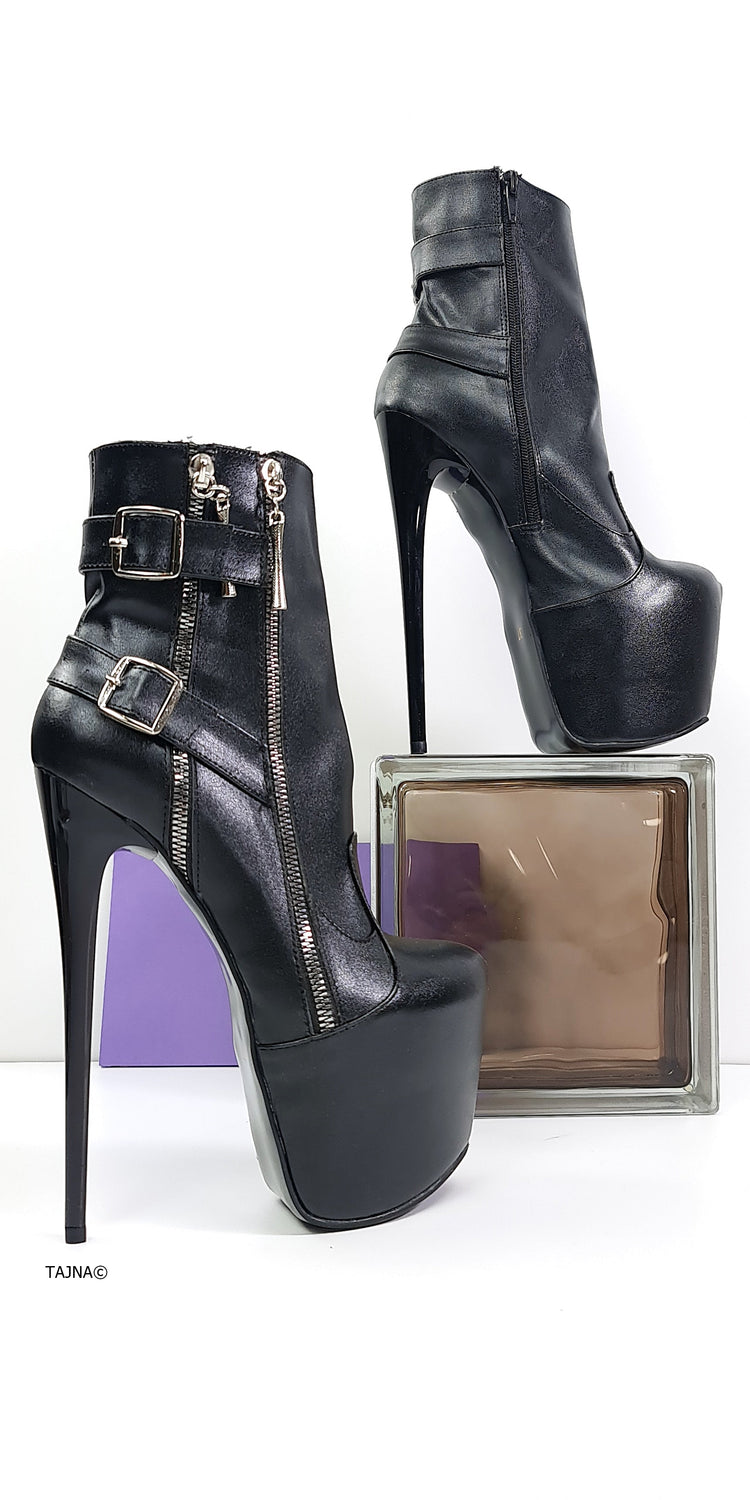 Black Matte Double Zip Belted Rocker High Heel Boots Tajna club Shoes