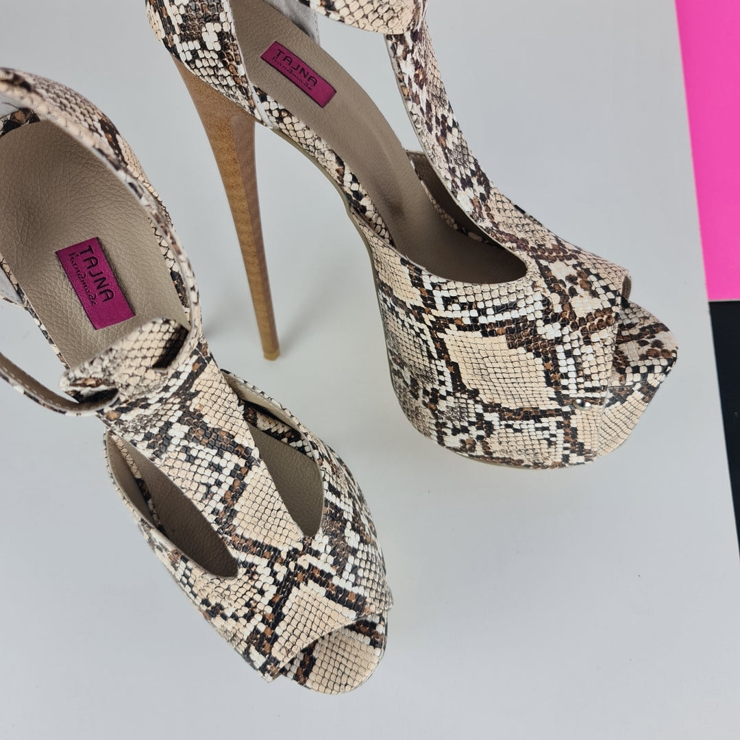 Brown Snake Print T-Strap Ankle High Heels Tajna Club