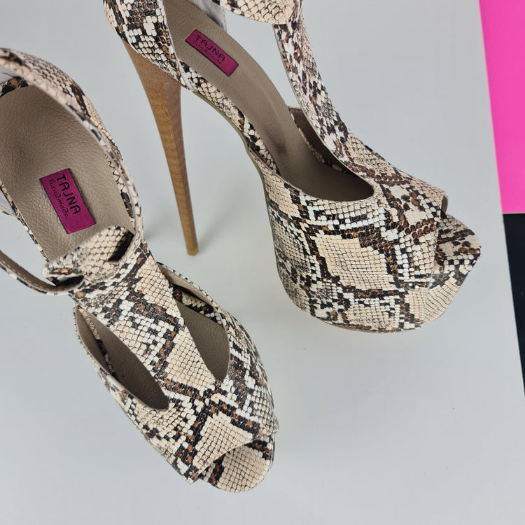 Brown Snake Print T-Strap Ankle High Heels Tajna Club