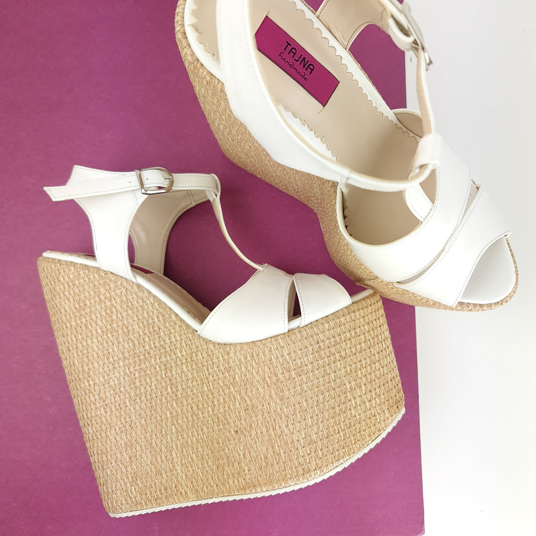 White T Strap Espadril High Heel Wedges Tajna Club