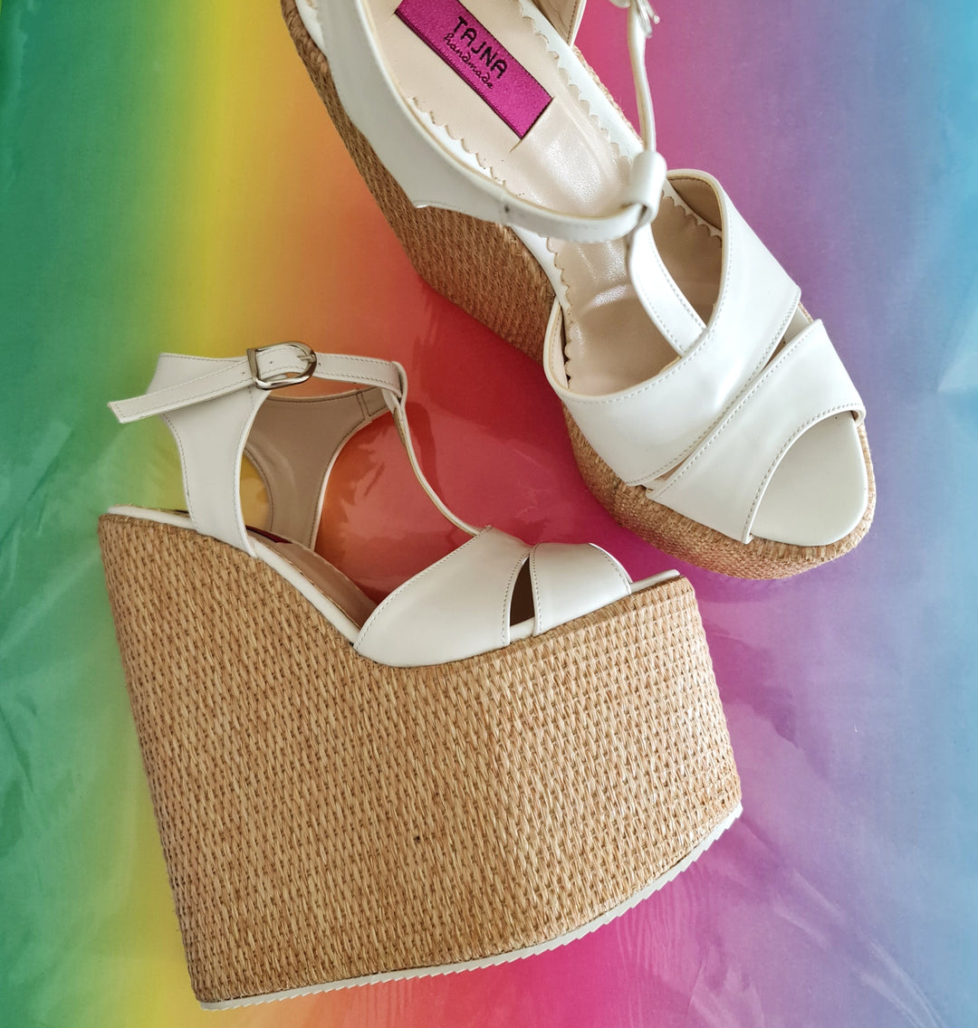 White T Strap Espadril High Heel Wedges Tajna Club