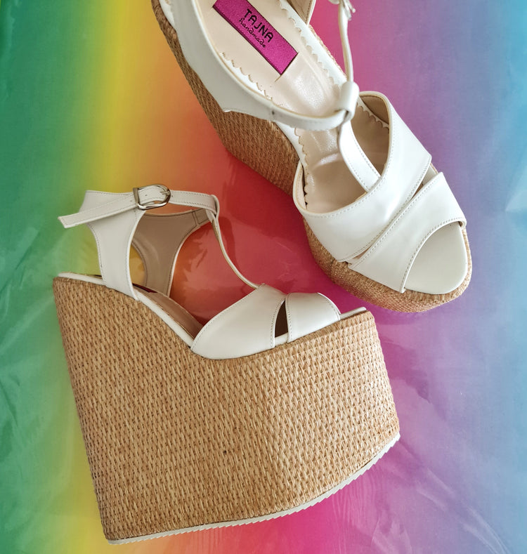 White T Strap Espadril High Heel Wedges Tajna Club