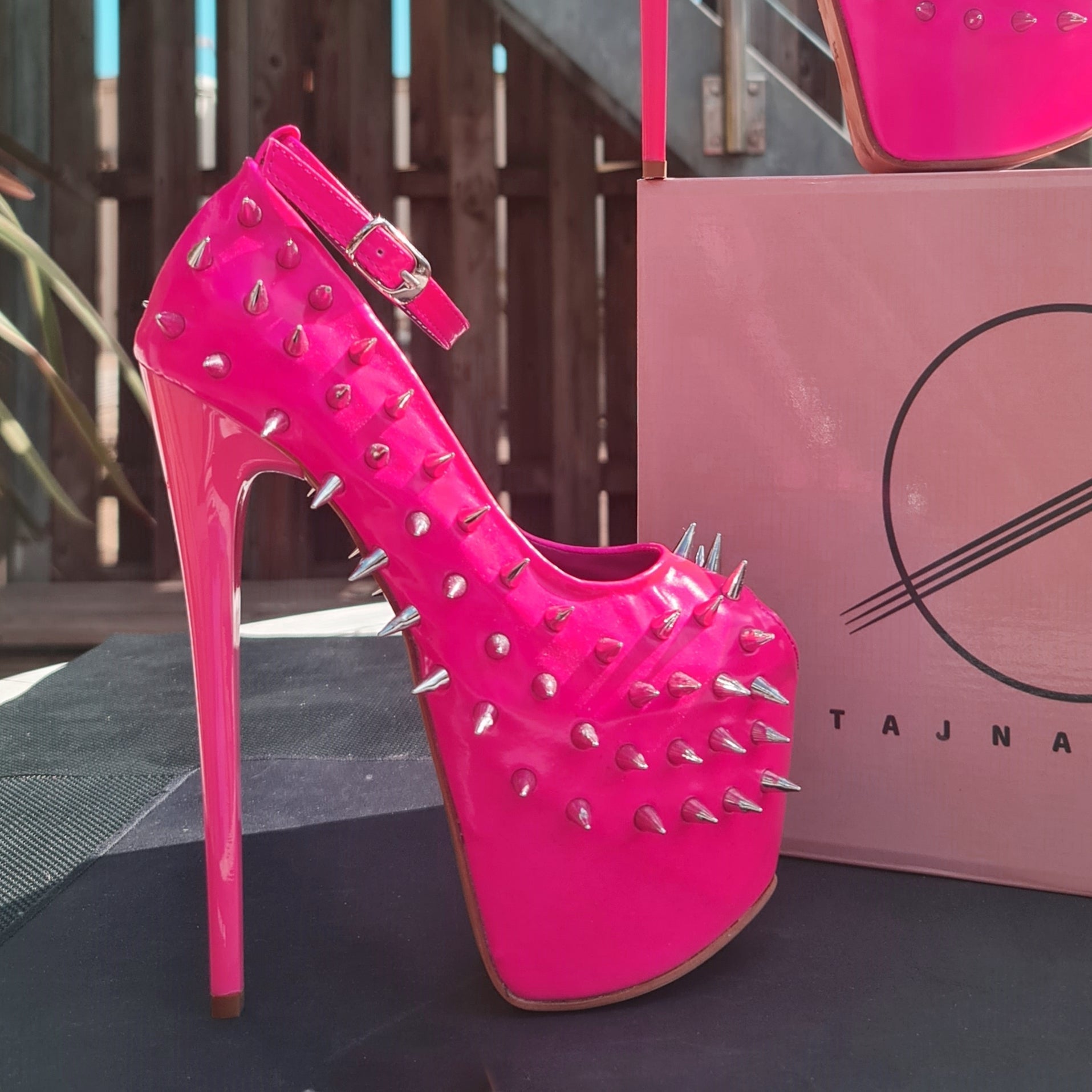 Hot Neon Pink Gloss Spike Studded Ankle Strap Heels Tajna Club Shoes