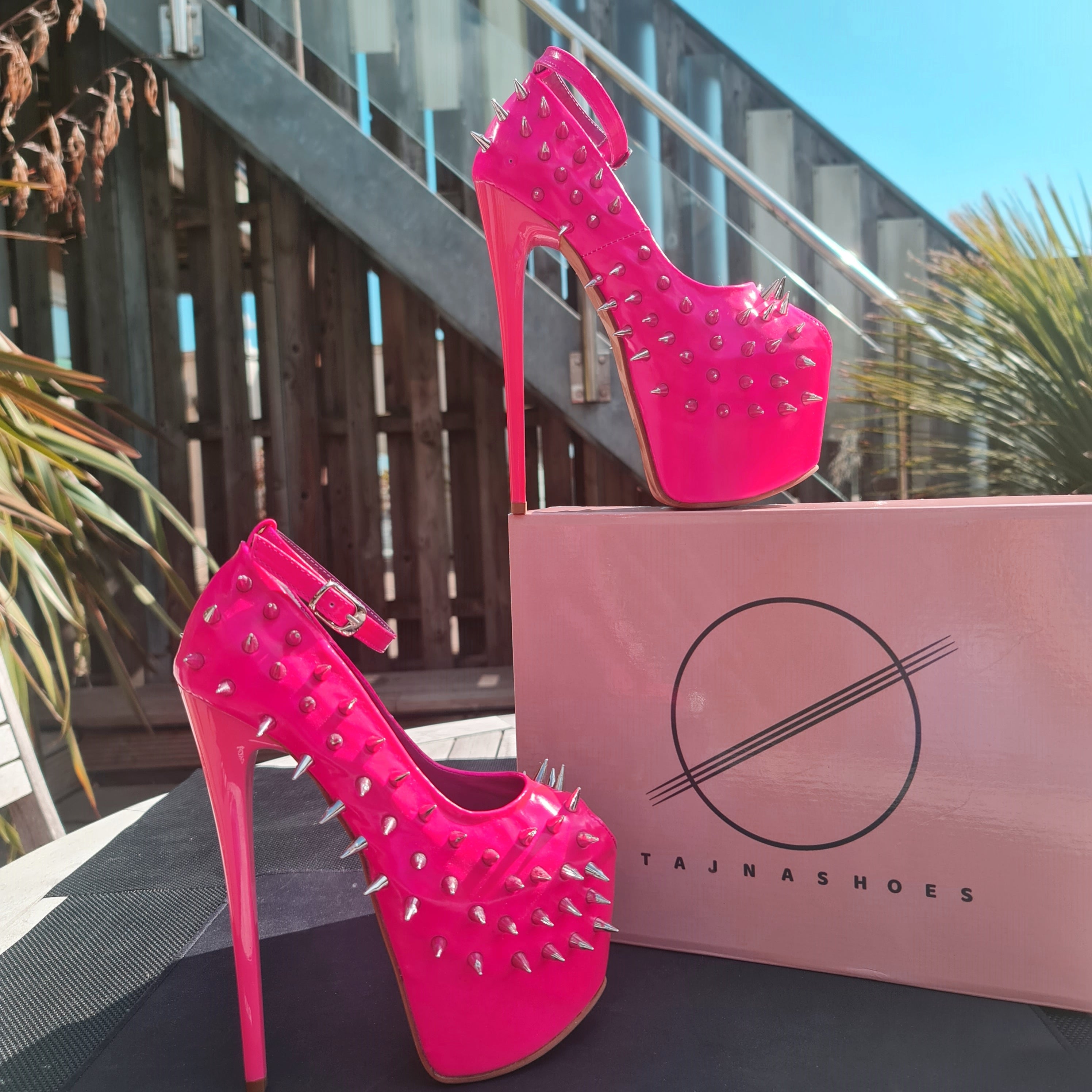 Hot Neon Pink Gloss Spike Studded Ankle Strap Heels Tajna Club Shoes