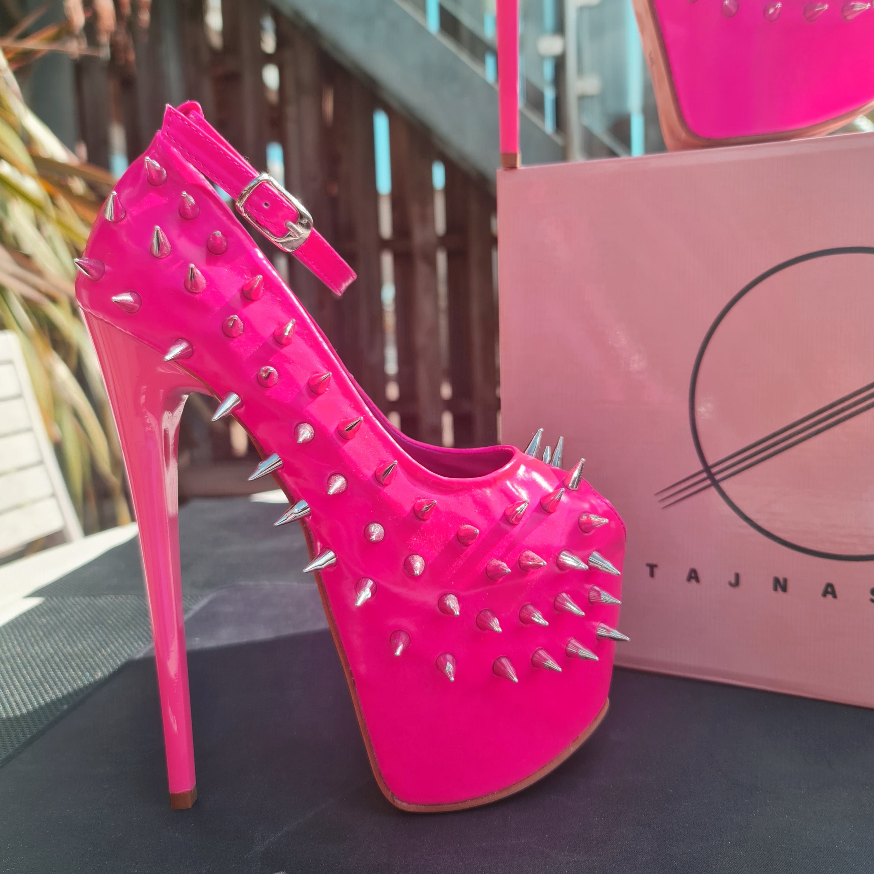 Hot Neon Pink Gloss Spike Studded Ankle Strap Heels Tajna Club Shoes