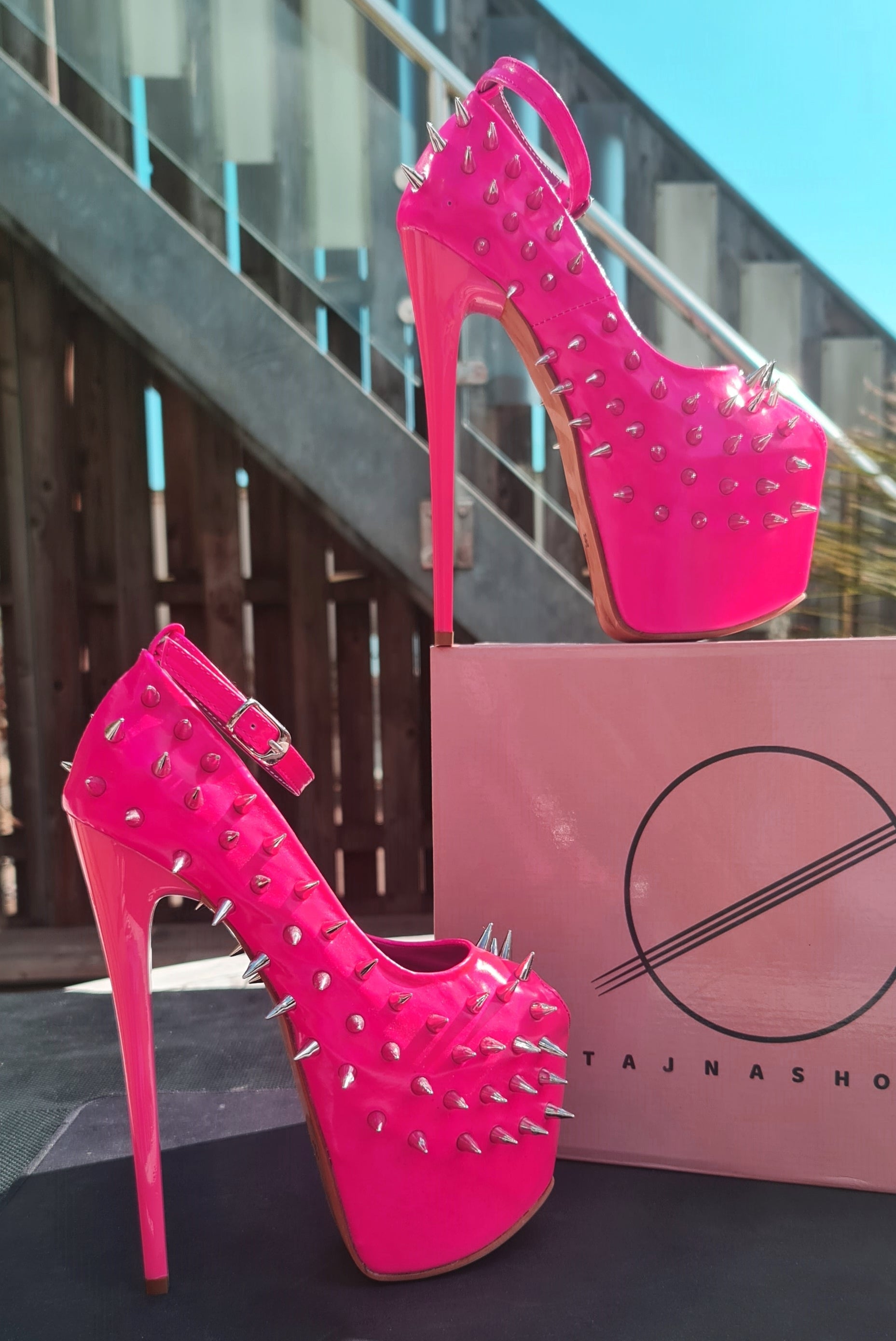 Hot Neon Pink Gloss Spike Studded Ankle Strap Heels Tajna Club Shoes