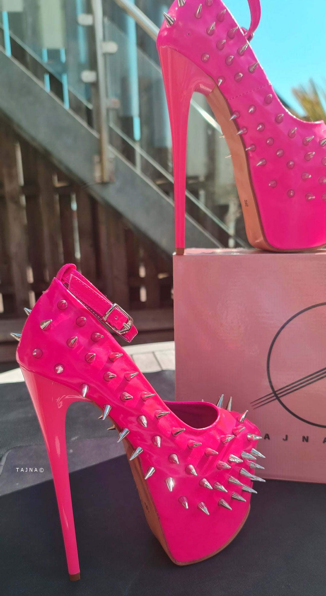 Hot Neon Pink Gloss Spike Studded Ankle Strap Heels Tajna Club Shoes