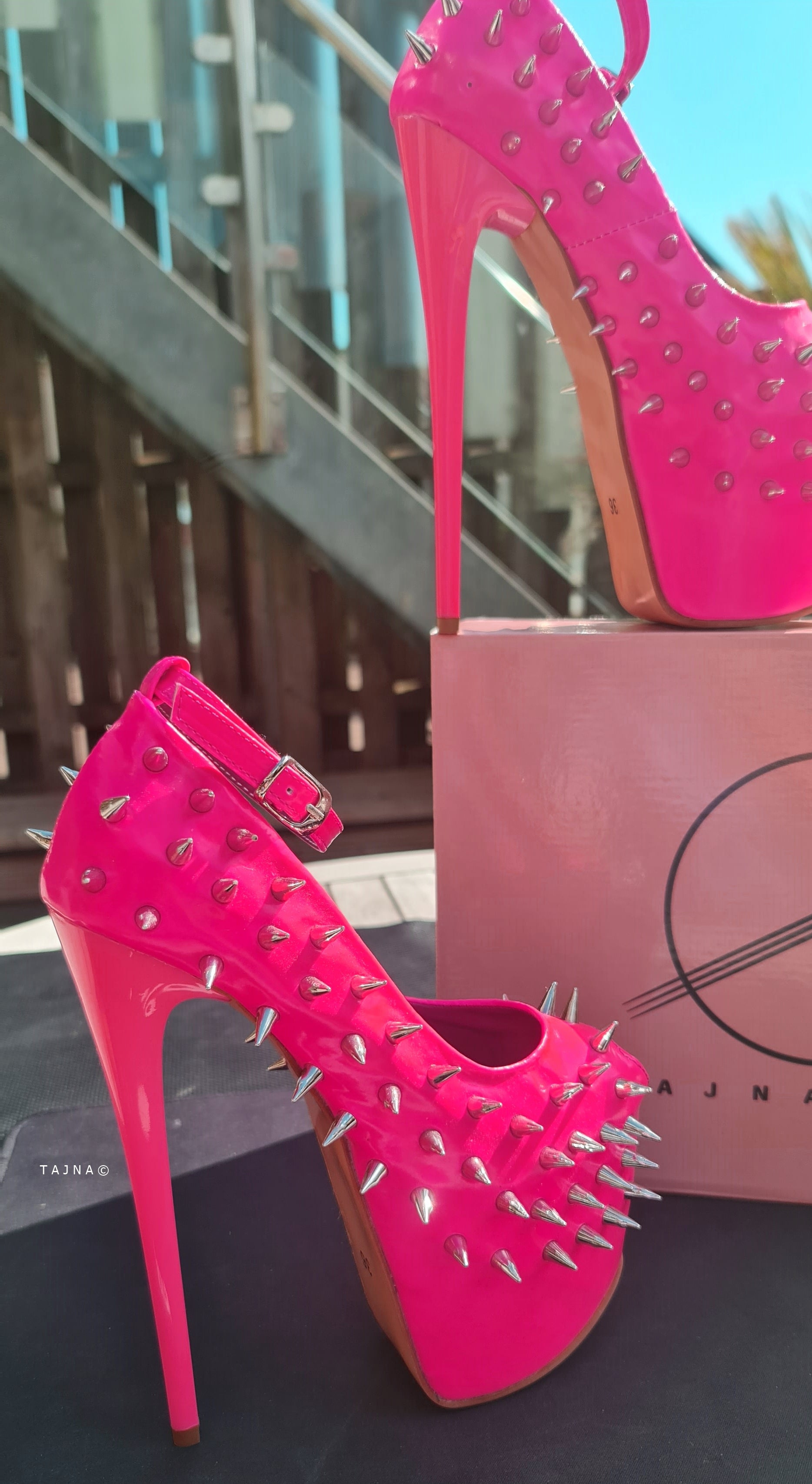 Hot Neon Pink Gloss Spike Studded Ankle Strap Heels Tajna Club Shoes