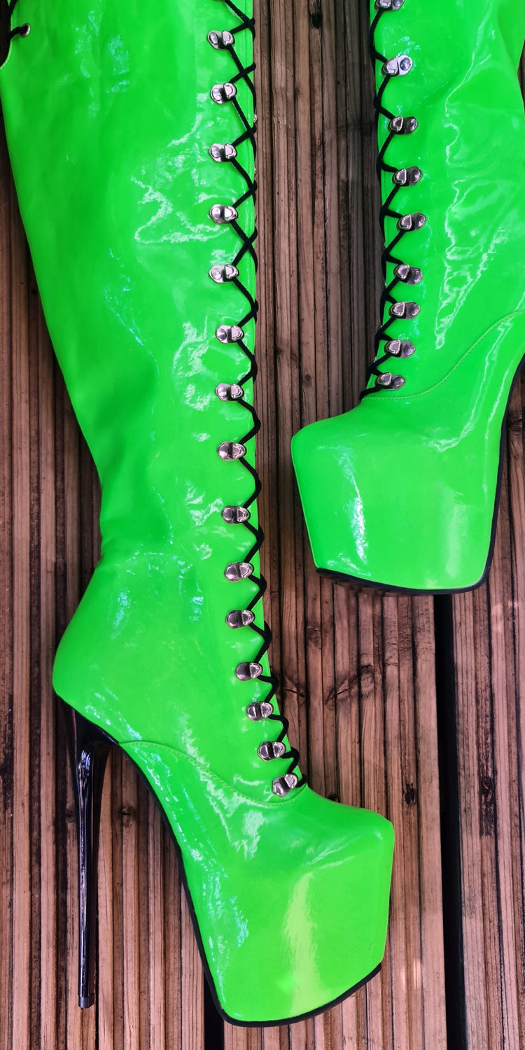 Neon Green Military Style Lace Up Heel Boots Tajna Club Shoes
