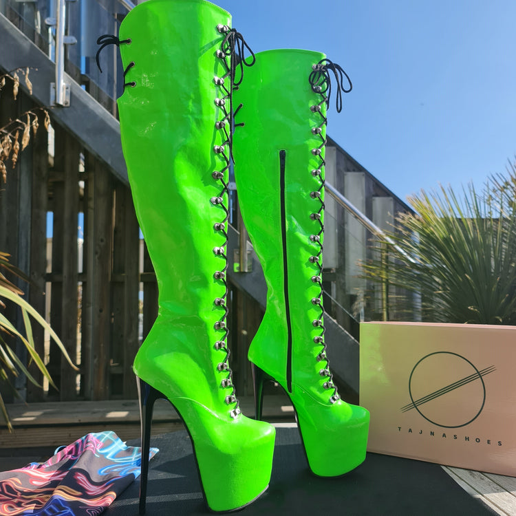 Neon Green Military Style Lace Up Heel Boots Tajna Club Shoes