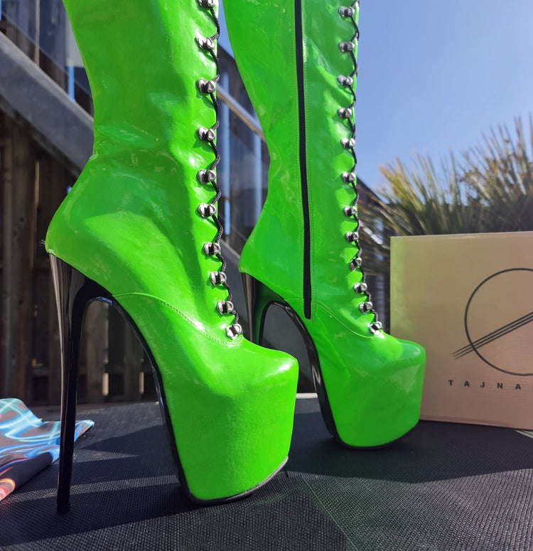 Neon Green Military Style Lace Up Heel Boots Tajna Club Shoes
