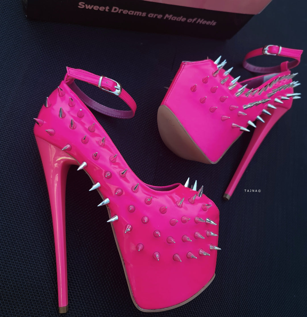 Hot Neon Pink Gloss Spike Studded Ankle Strap Heels Tajna Club Shoes