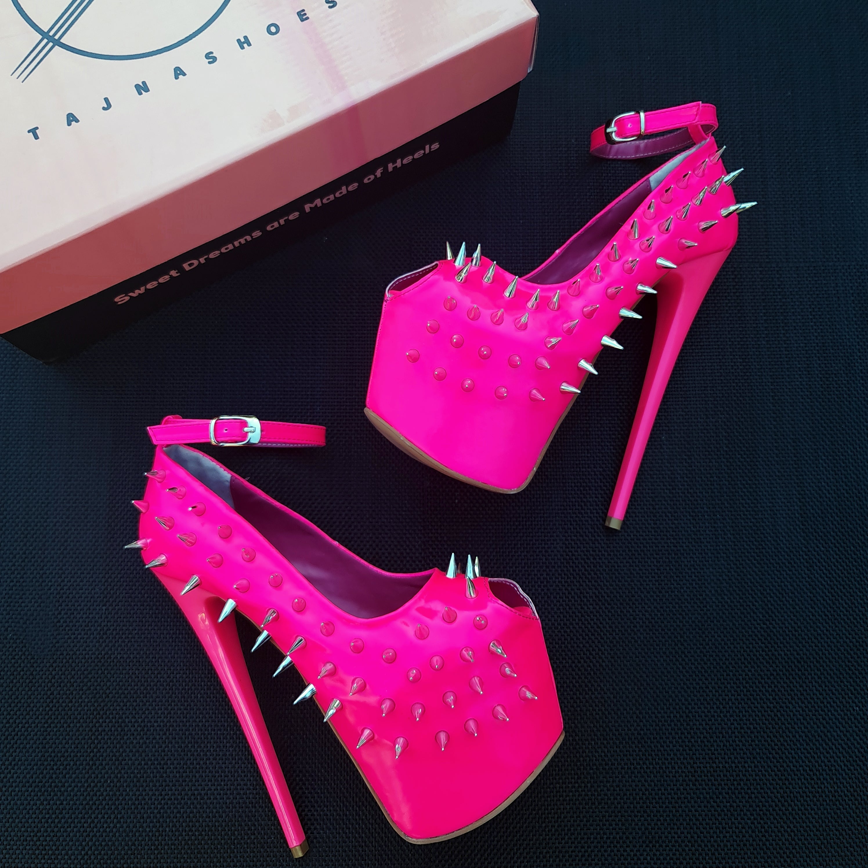 Hot Neon Pink Gloss Spike Studded Ankle Strap Heels Tajna Club Shoes