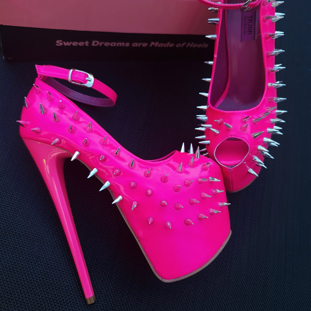 Hot Neon Pink Gloss Spike Studded Ankle Strap Heels Tajna Club Shoes