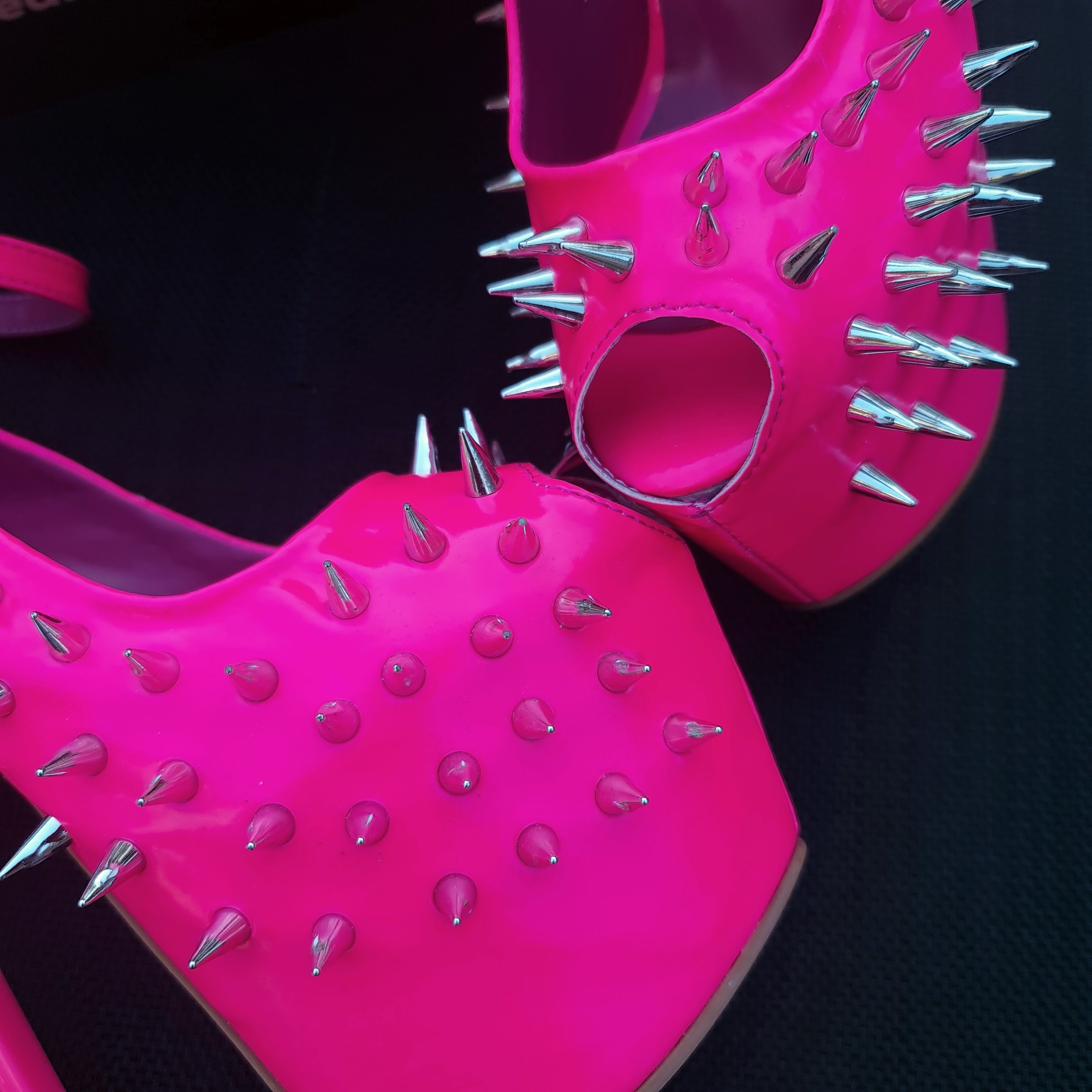 Hot Neon Pink Gloss Spike Studded Ankle Strap Heels Tajna Club Shoes