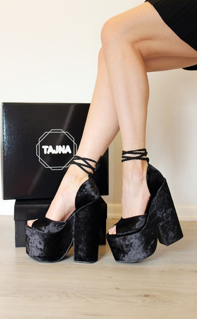 Black Lace up Super High Heel Wedge Platform Shoes - Tajna Club