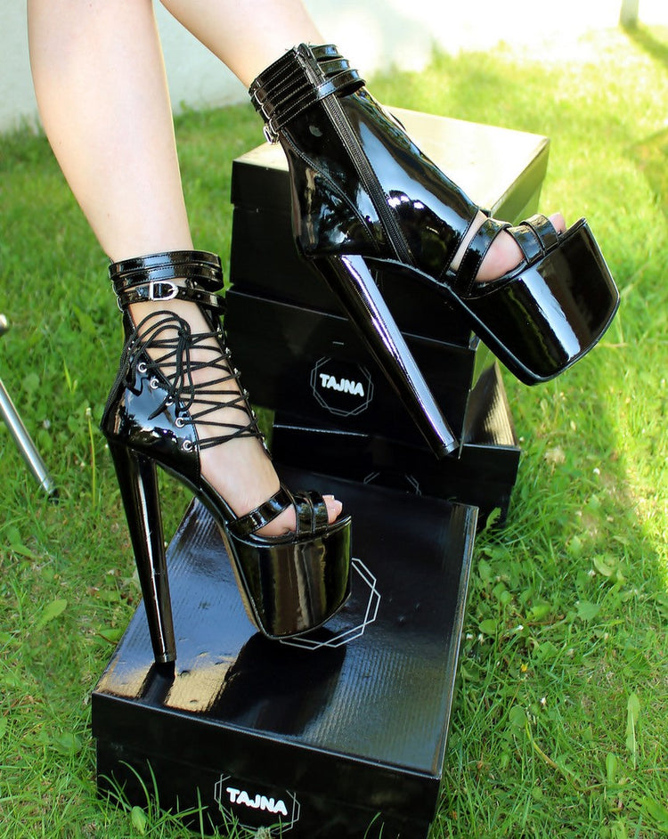 Lace Up Black Patent 19 cm High Heel Booties - Tajna Club