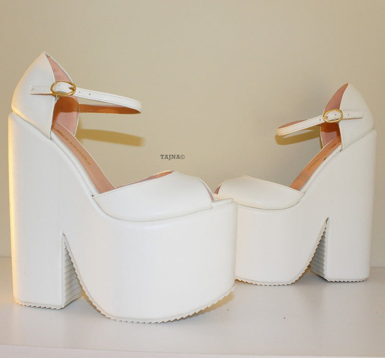 White Peep Toe Ankle Strap Platform Wedges - Tajna Club