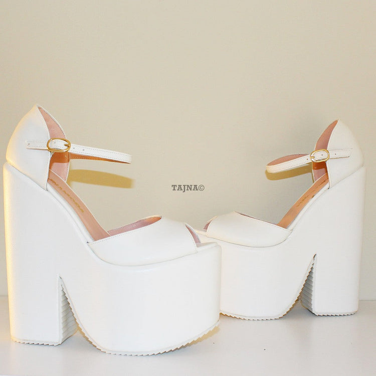 White Peep Toe Ankle Strap Platform Wedges - Tajna Club