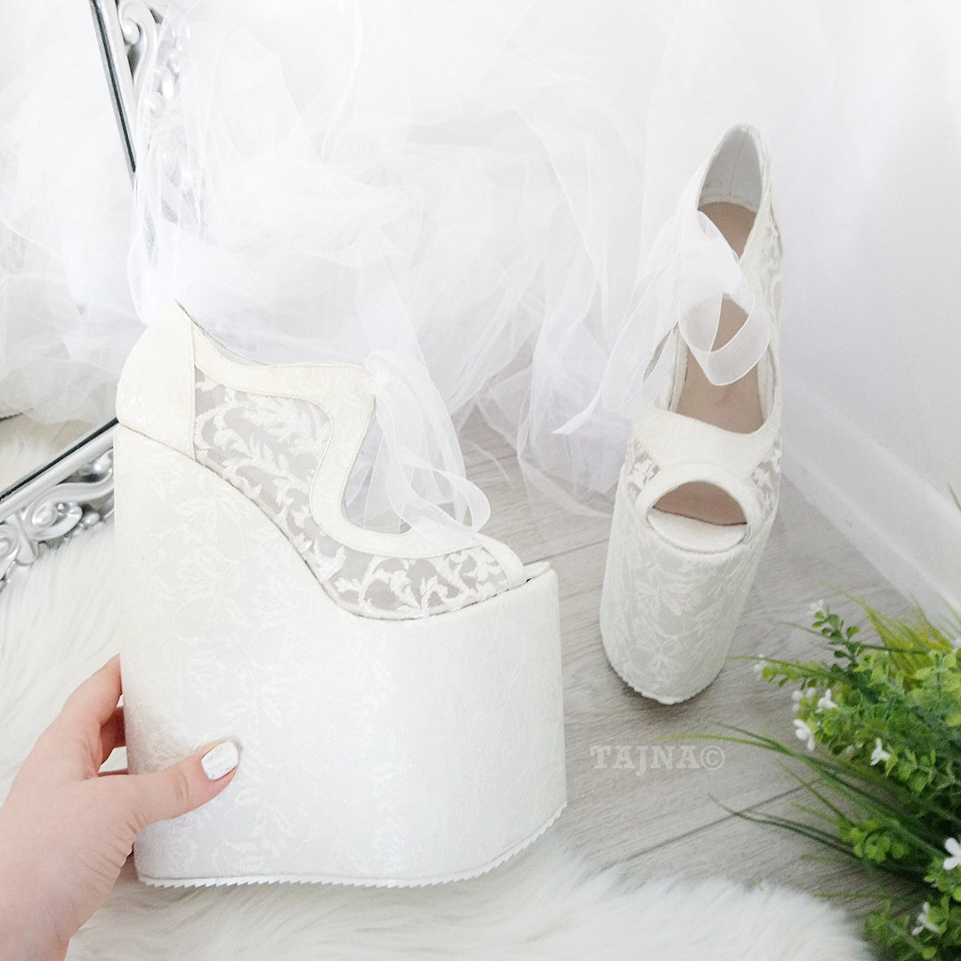 Lace 21 cm Platform Wedges Wedding Shoes - Tajna Club