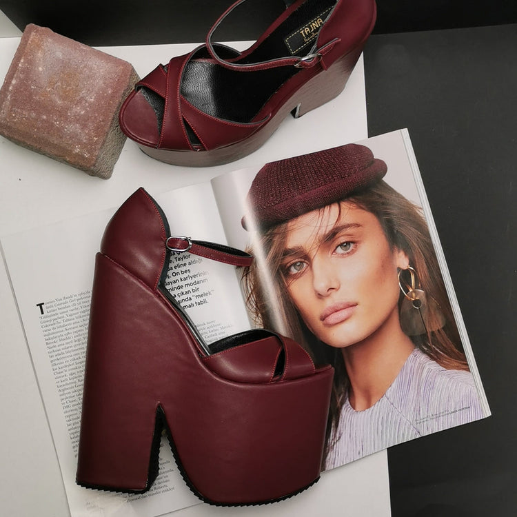 Burgundy Cross Strap Platform  Wedges - Tajna Club