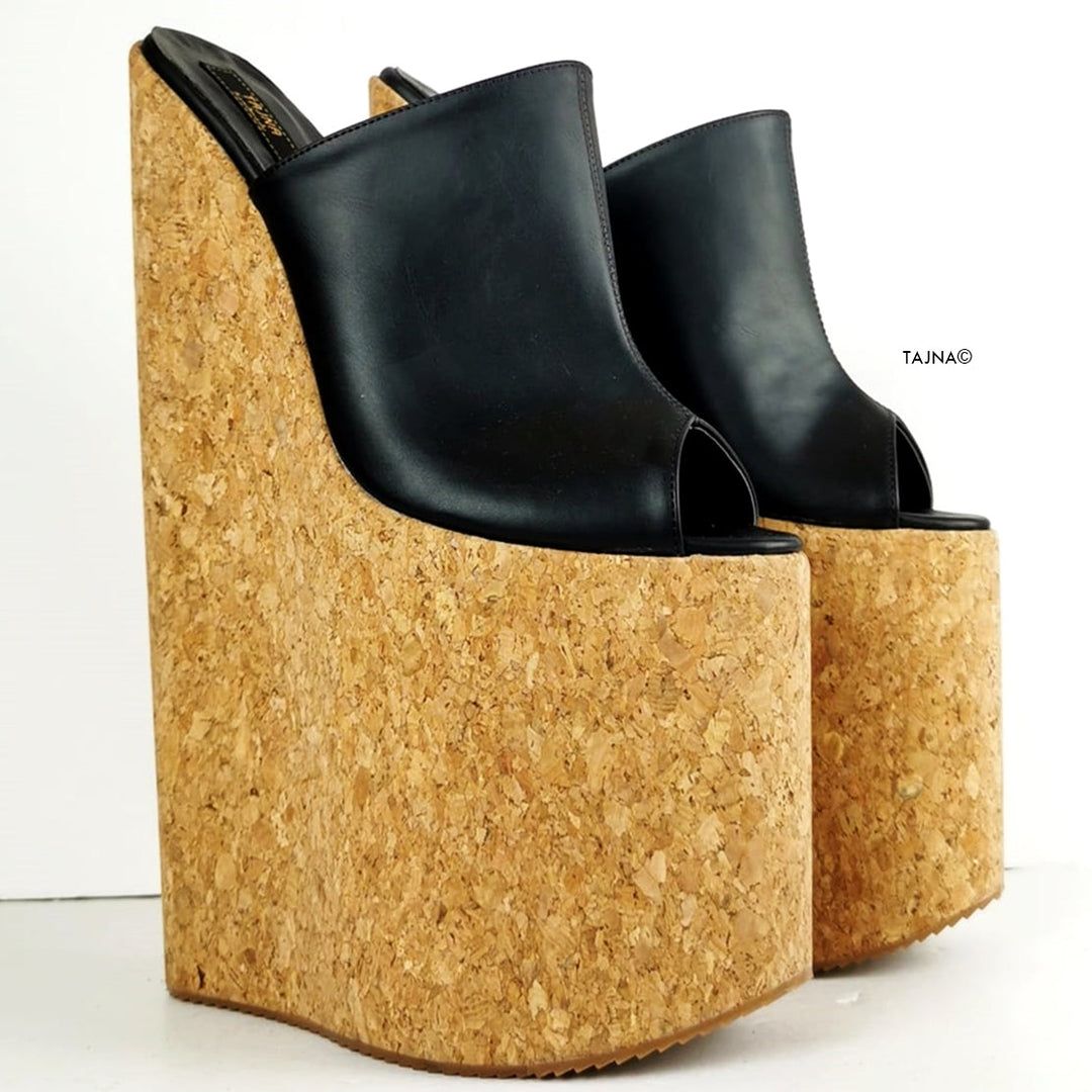 30 cm Black  Extreme High Heel Cork Mules - Tajna Club