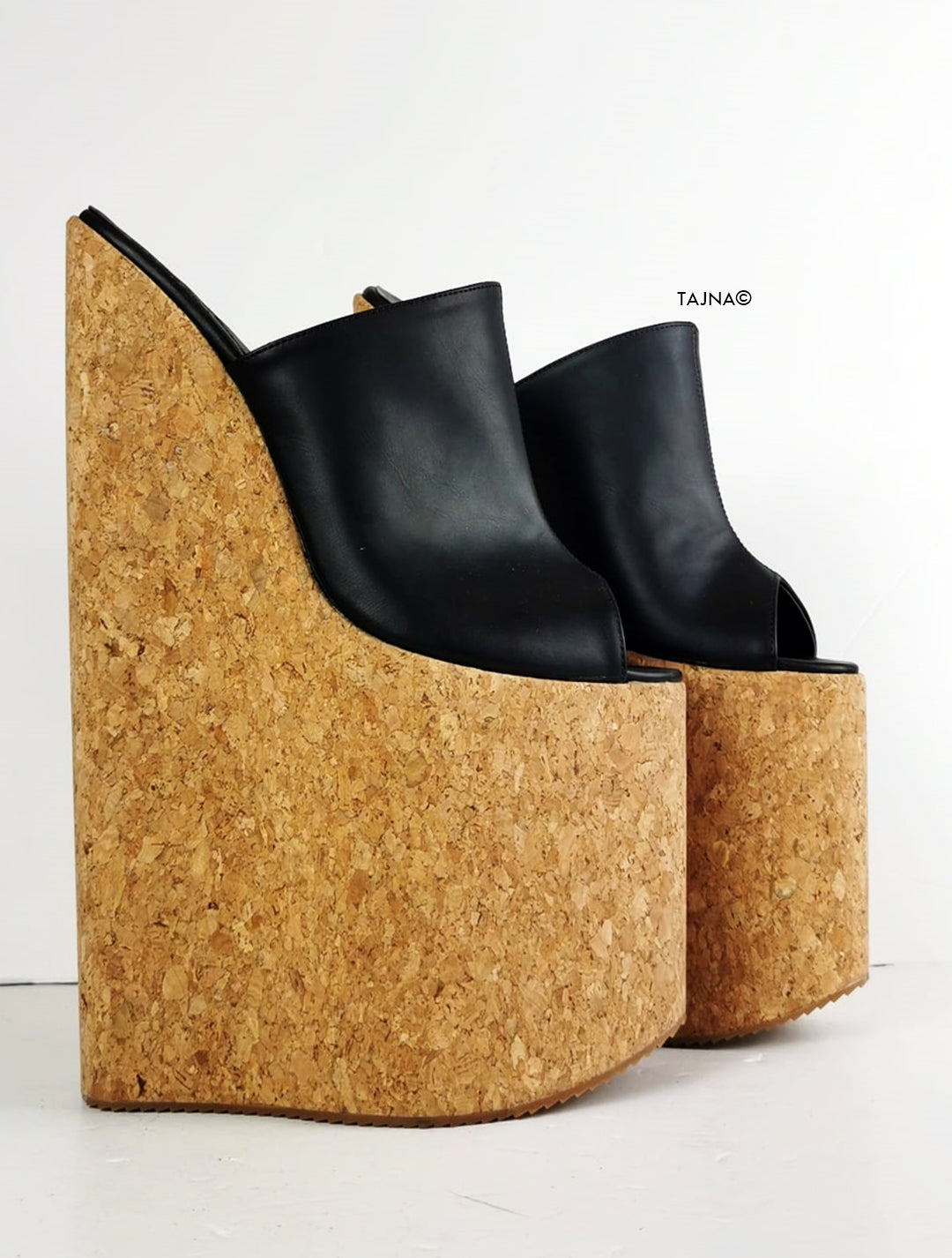 30 cm Black  Extreme High Heel Cork Mules - Tajna Club