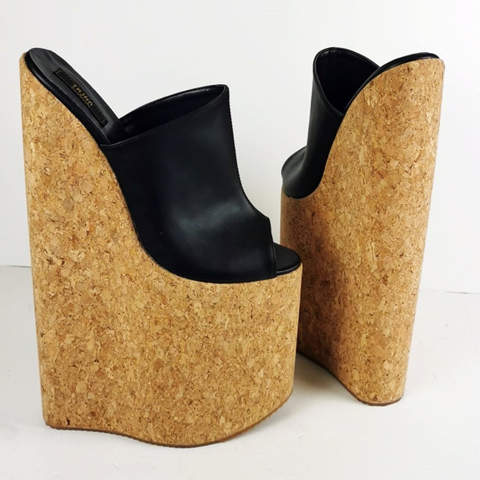 30 cm Black  Extreme High Heel Cork Mules - Tajna Club