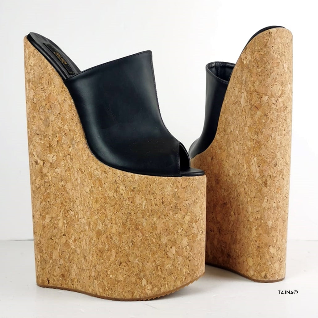 30 cm Black  Extreme High Heel Cork Mules - Tajna Club