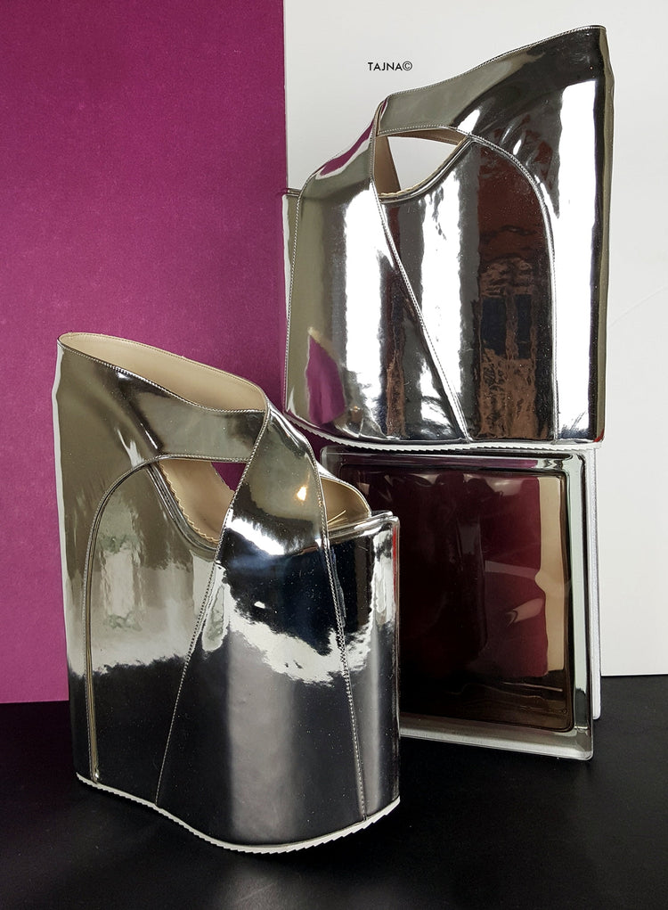 Silver Mirror 30 cm High Platform Wedge Mules - Tajna Club