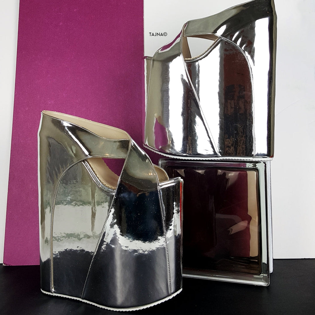 Silver Mirror 30 cm High Platform Wedge Mules - Tajna Club