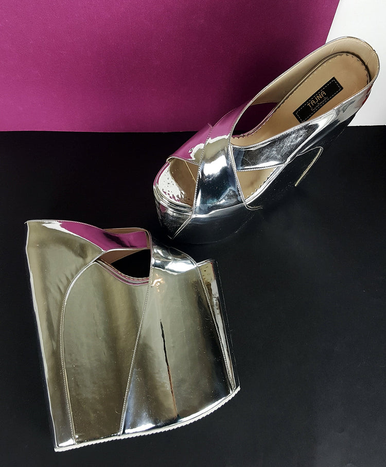 Silver Mirror 30 cm High Platform Wedge Mules - Tajna Club