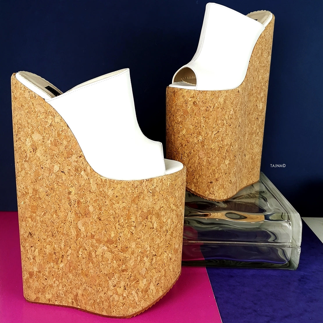 White Extreme High Heel Cork Mules - Tajna Club