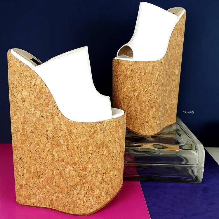 White Extreme High Heel Cork Mules - Tajna Club