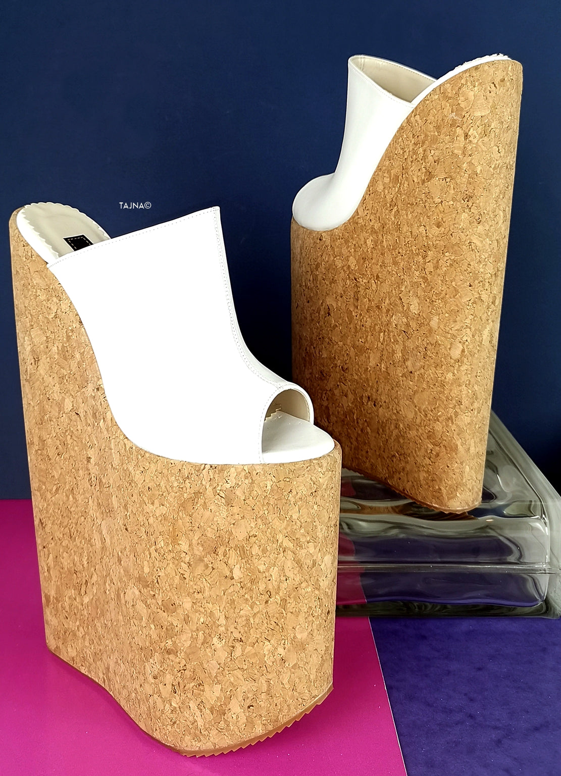 White Extreme High Heel Cork Mules - Tajna Club