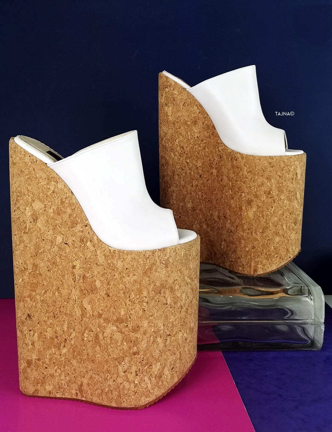 White Extreme High Heel Cork Mules - Tajna Club