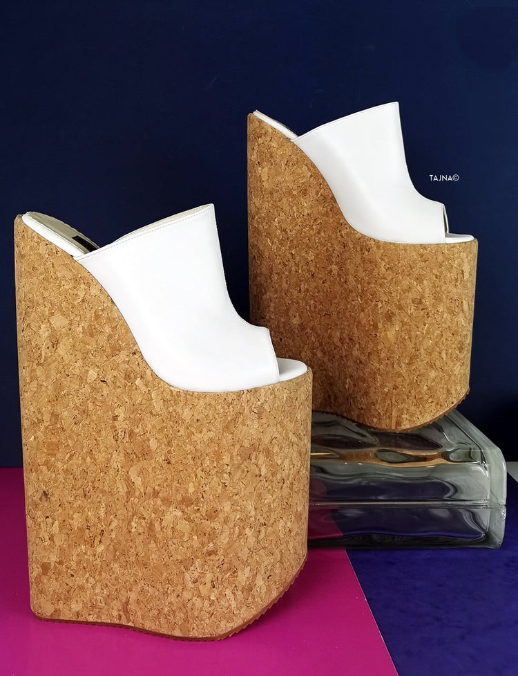 White Extreme High Heel Cork Mules - Tajna Club