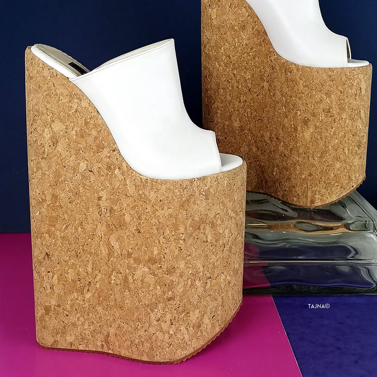 White Extreme High Heel Cork Mules - Tajna Club