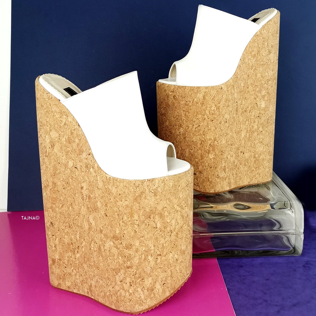 White Extreme High Heel Cork Mules - Tajna Club