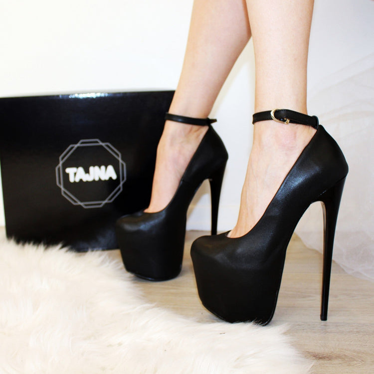 High Heel Black Ankle Strap Platform Pumps - Tajna Club