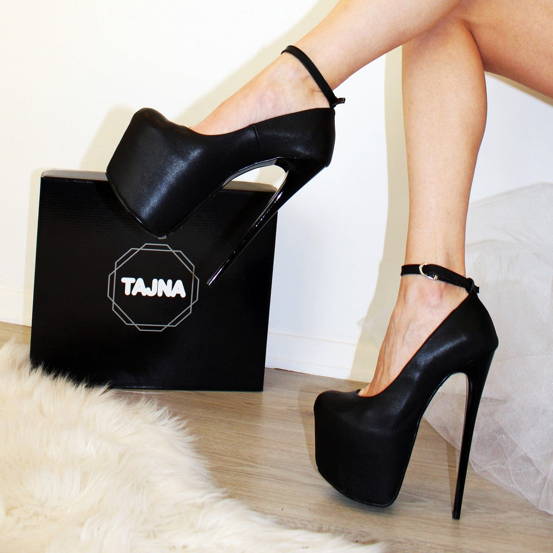 High Heel Black Ankle Strap Platform Pumps - Tajna Club