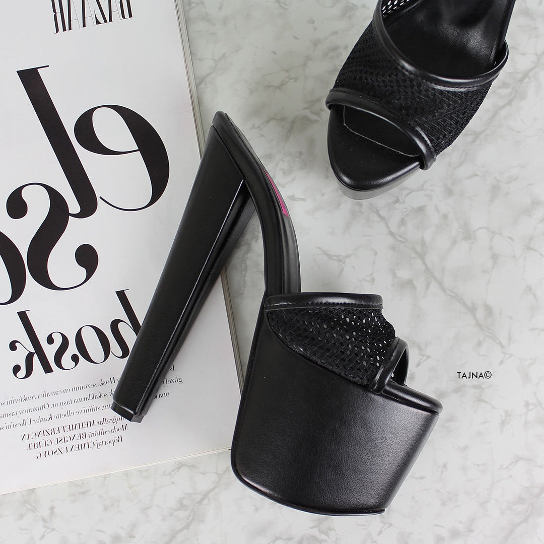 Black Fishnet Chunky Heel Platform Mules - Tajna Club