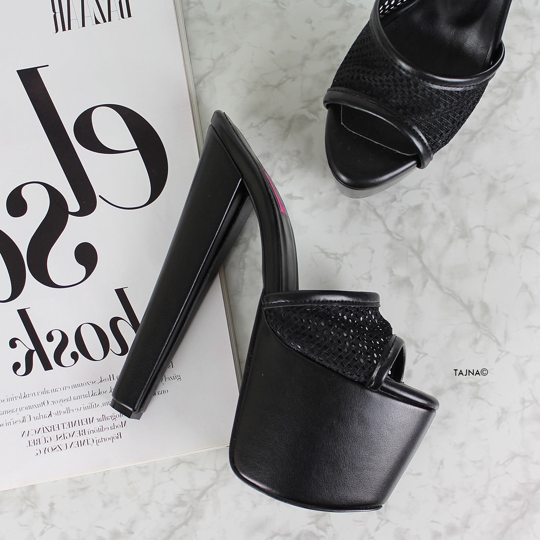Black Fishnet Chunky Heel Platform Mules - Tajna Club