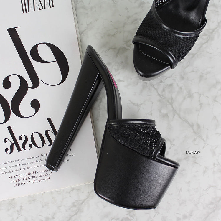 Black Fishnet Chunky Heel Platform Mules - Tajna Club