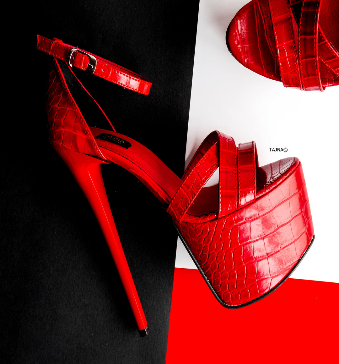 Red Croco Cross Trap High Heel Sandals