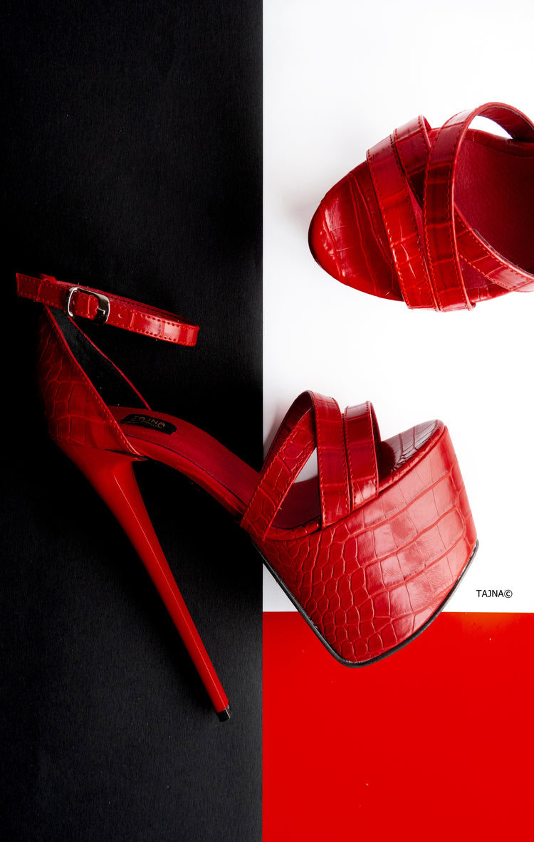 Red Croco Cross Trap High Heel Sandals